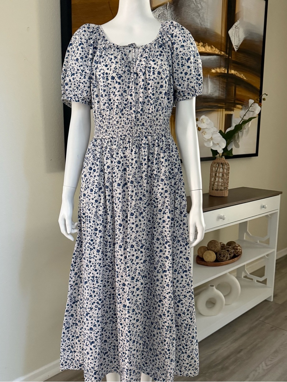 Uniqlo White Maxi Dress with Blue Floral Print and Puff Sleeves